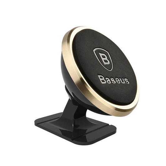 Front angled view of Baseus magnetic car phone dashboard mount in black and gold showing the adjustable joint and secure base.