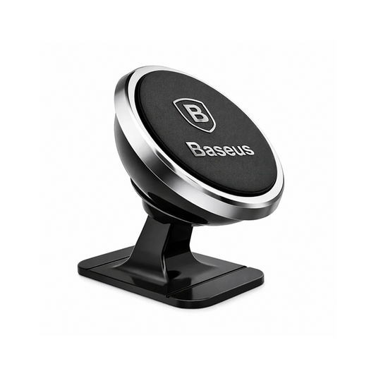 Front angled view of Baseus magnetic car phone dashboard mount in black and silver showing the adjustable joint and secure base.