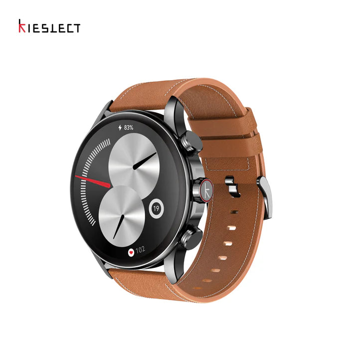 Kieslect Balancer smart calling watch with silver metal case and elegant coffee brown leather strap side view