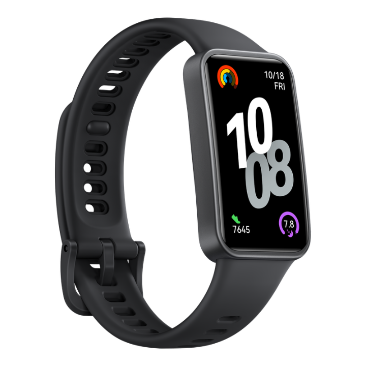 Rear-perspective view of black Huawei Band 10 highlighting the durable fluoroelastomer strap construction and the secure buckle clasp design.