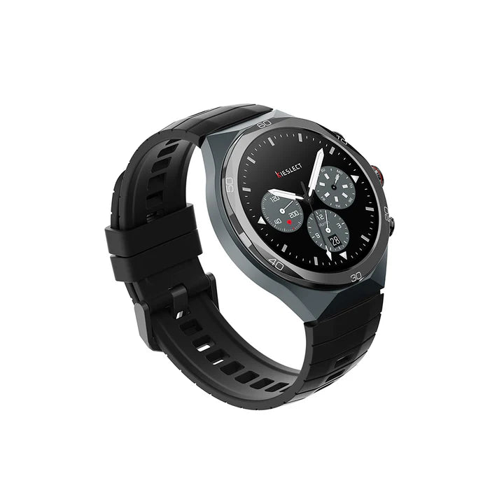 Angled shot of Kieslect Elite2 smart watch highlighting the durable black silicone rubber strap