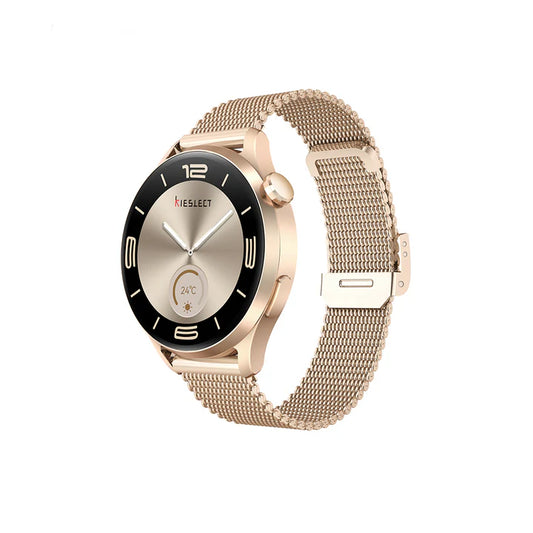 Kieslect Lora 3 women's smart watch in gold shown from an angled perspective showcasing the elegant round display and premium gold mesh metal strap.