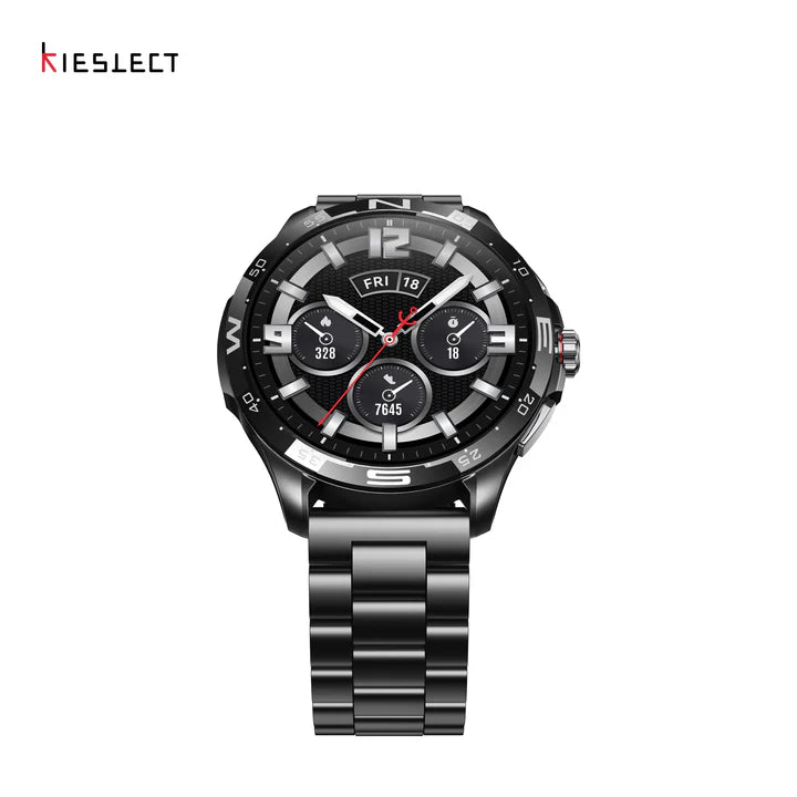 Direct close-up of the Kieslect Actor premium black smartwatch face displaying intricate dial details and rugged sports bezel.