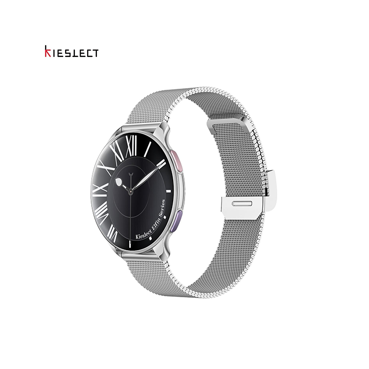 Side angled view of silver Kieslect Elfin smartwatch showing side buttons and mesh strap