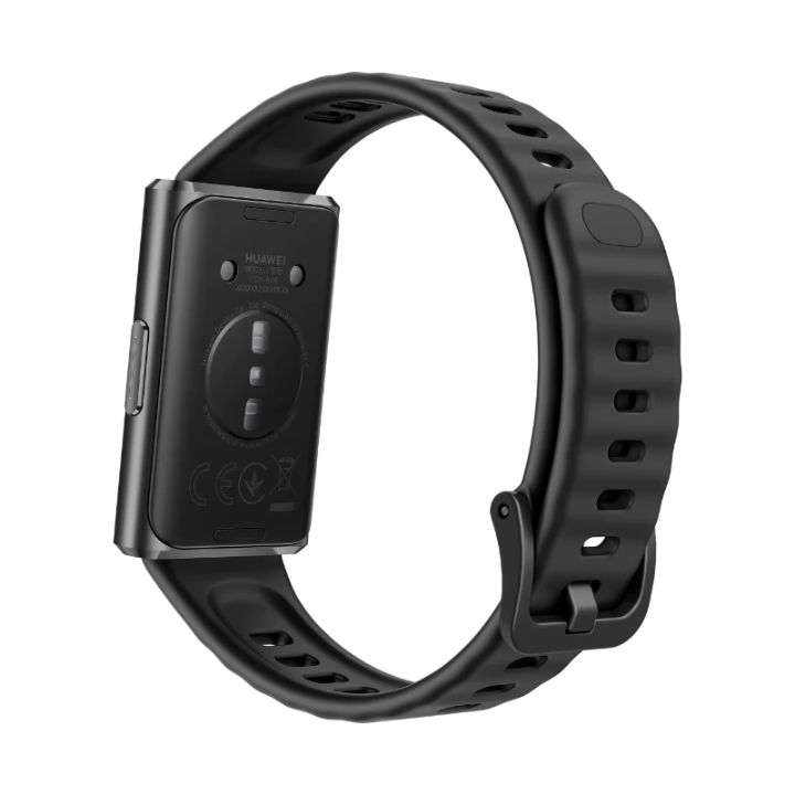 Rear perspective view of black Huawei Band 11 Pro model CDY-B49 highlighting the optical heart rate sensor and magnetic charging port.