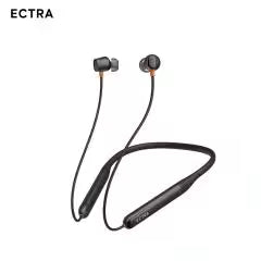 Angled view of ECTRA Active black wireless Bluetooth neckband earphones showcasing brand logo and earbuds