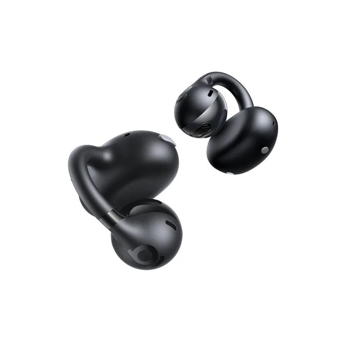 Close-up shot of Baseus Bass BC1 black open-ear earbuds showing the curved clip-on design