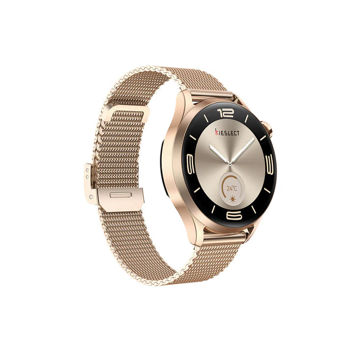 Angled side profile view of the Kieslect Lora 3 gold smartwatch, showcasing the slim design, crown button, and an elegant gold mesh metal strap.