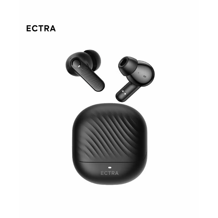 ECTRA Free ANC black true wireless earbuds with textured charging case showing dual-mic design and IPX4 rating