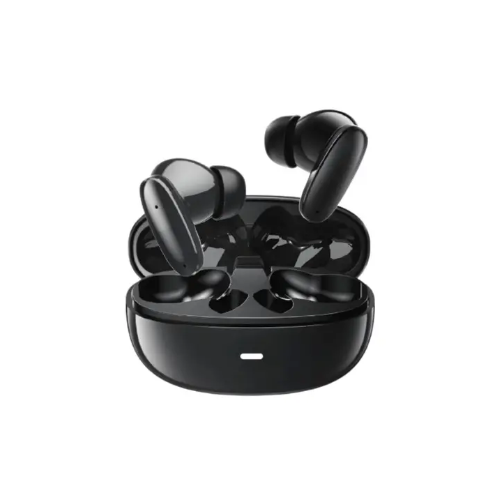 Front view of black AMAYA ATW-TK05S TWS earbuds with 13mm dynamic drivers and open case