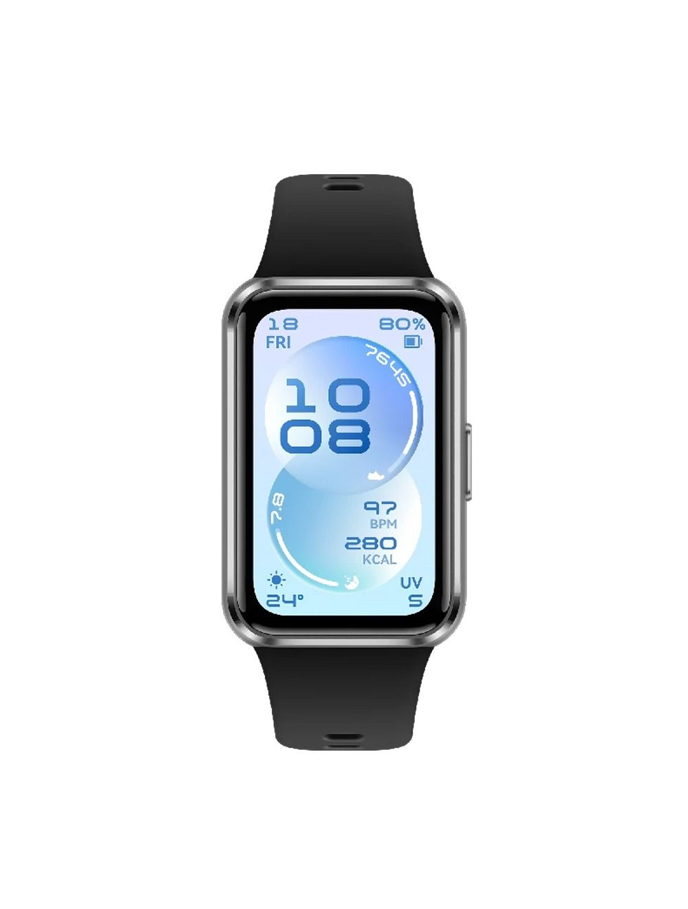 Front view of HUAWEI Band 11 smart tracker in black displaying active AMOLED screen with time and fitness stats