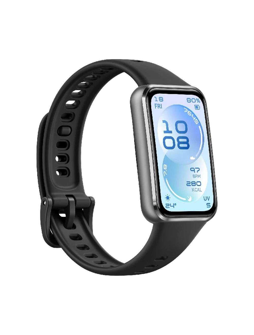 Alternate angled perspective view of HUAWEI Band 11 smart tracker in black showing display interface and silicone strap