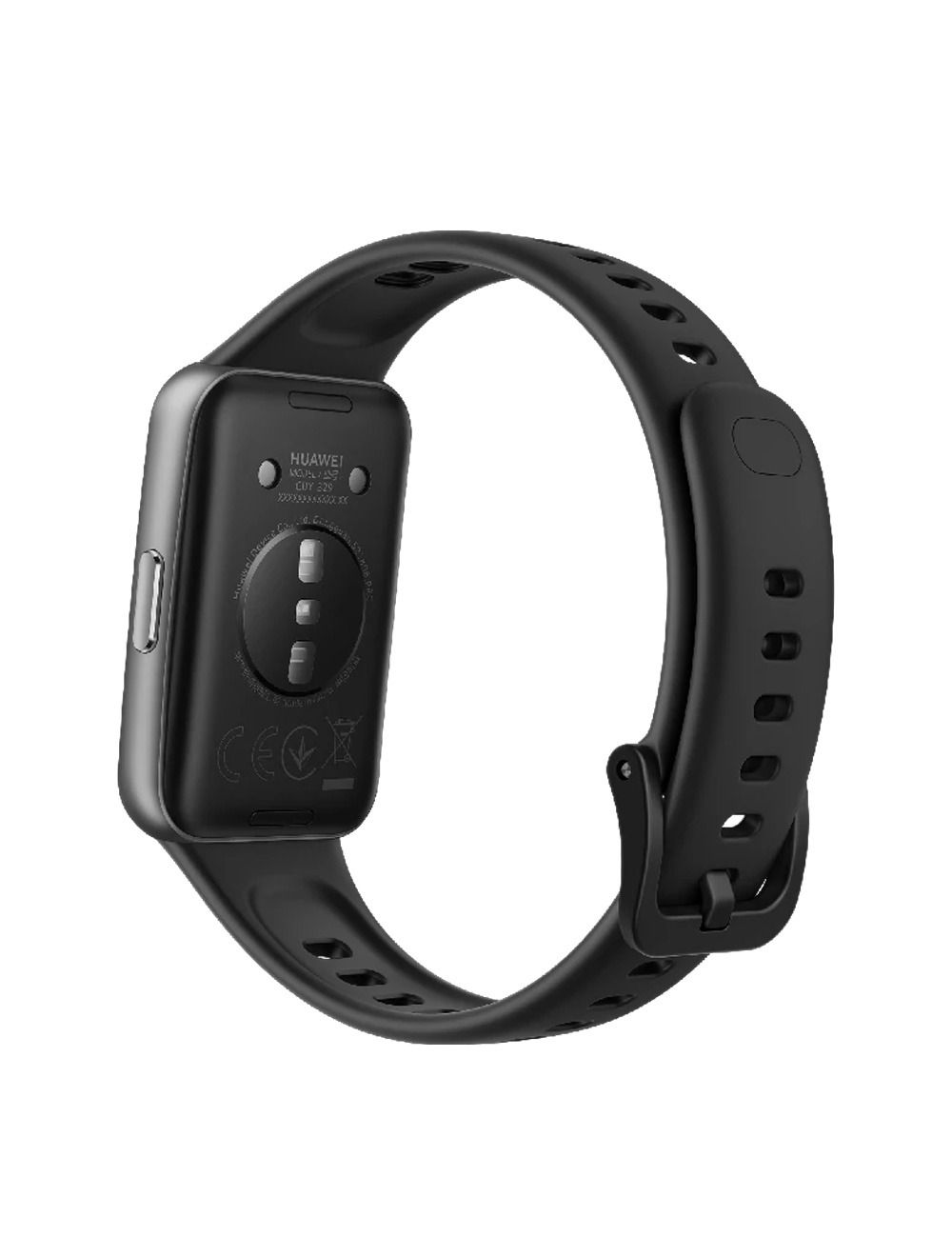 Rear angled view of HUAWEI Band 11 smart tracker in black showing optical sensors and magnetic charging pins