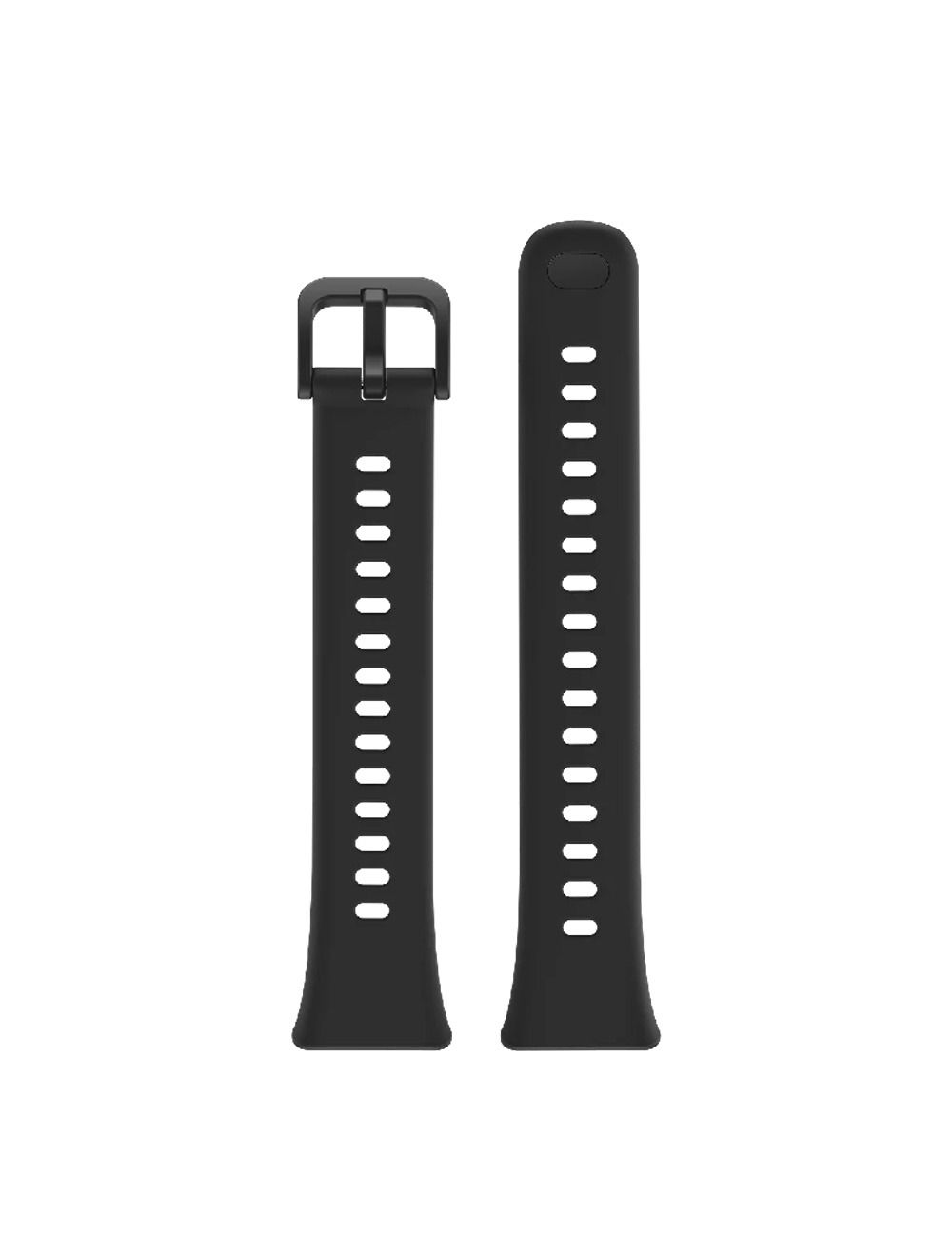 View of two-piece black silicone strap for HUAWEI Band 11 smart tracker showing adjustment holes and buckle