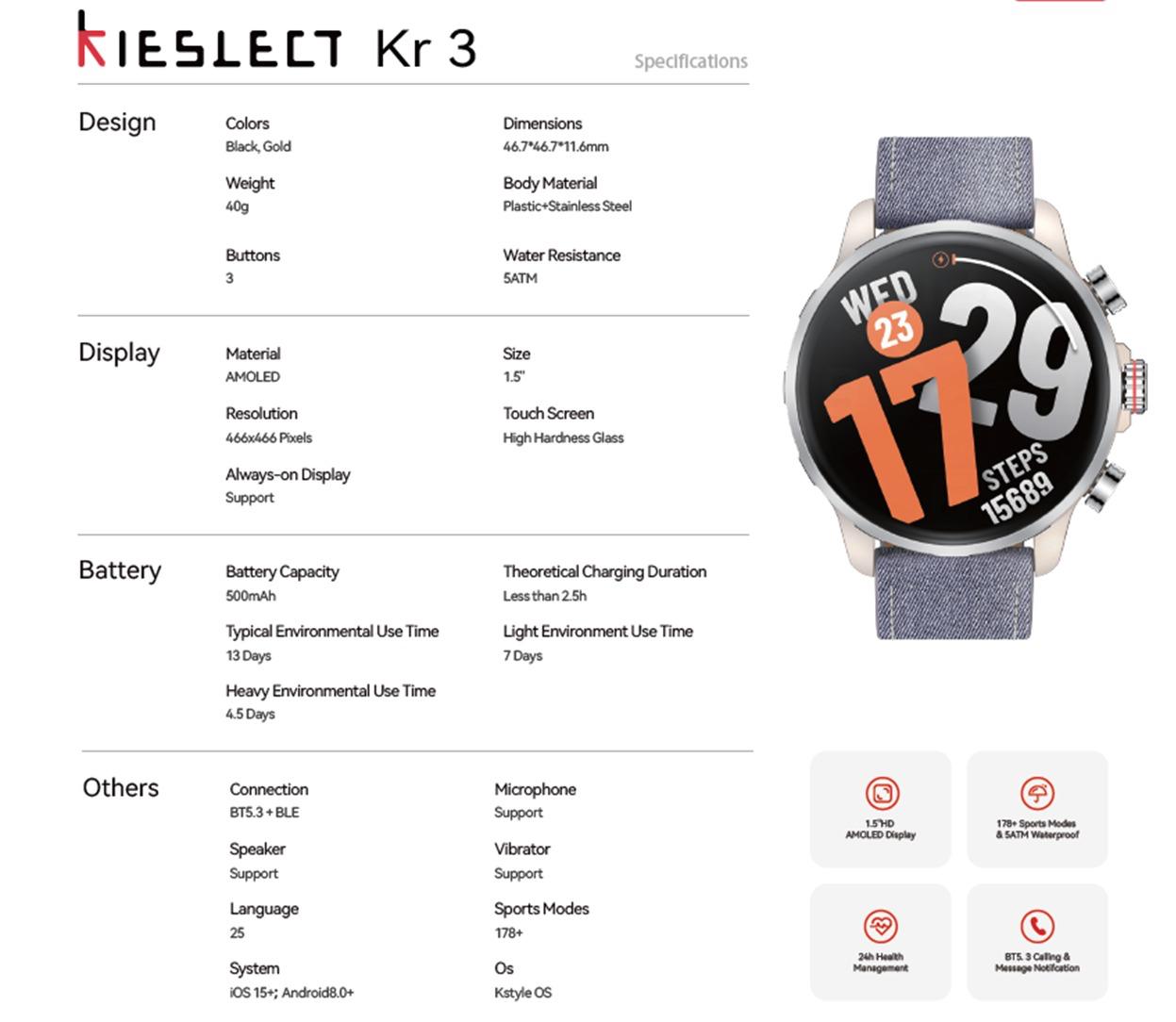 Detailed specifications sheet for Kieslect KR3 smartwatch outlining design, 1.5 inch AMOLED display features, 500mAh battery life, sports modes, and magnetic dual-strap details.