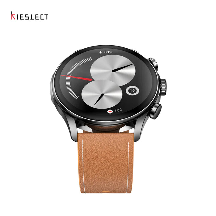 Close up angled shot of Kieslect Balancer calling watch showing the glass touch screen and metallic hardware buttons