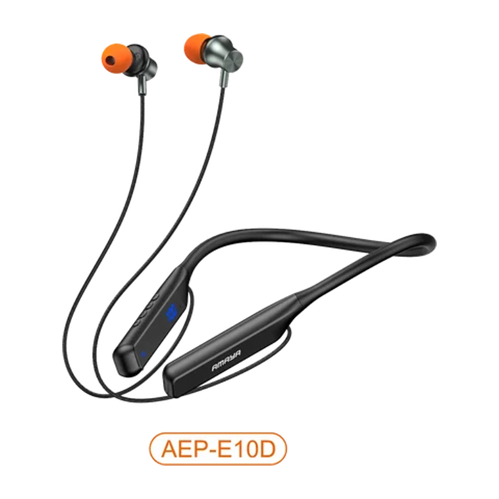 Amaya AEP-E10D black wireless Bluetooth neckband earphones with orange ear tips and digital LED battery display