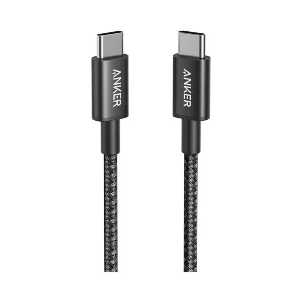 Frontal view of black Anker USB-C to USB-C cable connectors showing durable nylon braiding and logo