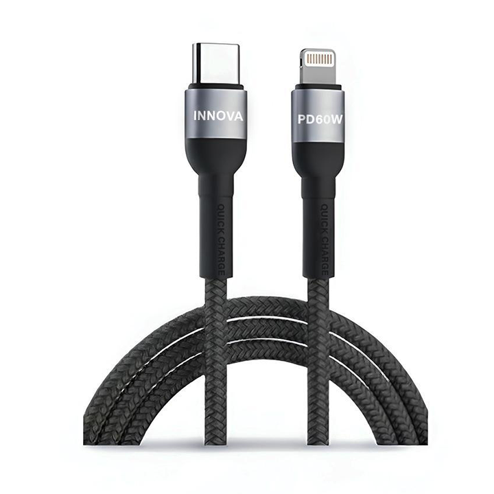 Close-up of INNOVA Black Braided USB-C to Lightning Cable with 60W PD Fast Charging Connectors