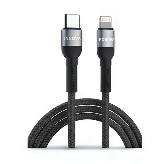 Close-up of INNOVA Black Braided USB-C to Lightning Cable with 60W PD Fast Charging Connectors