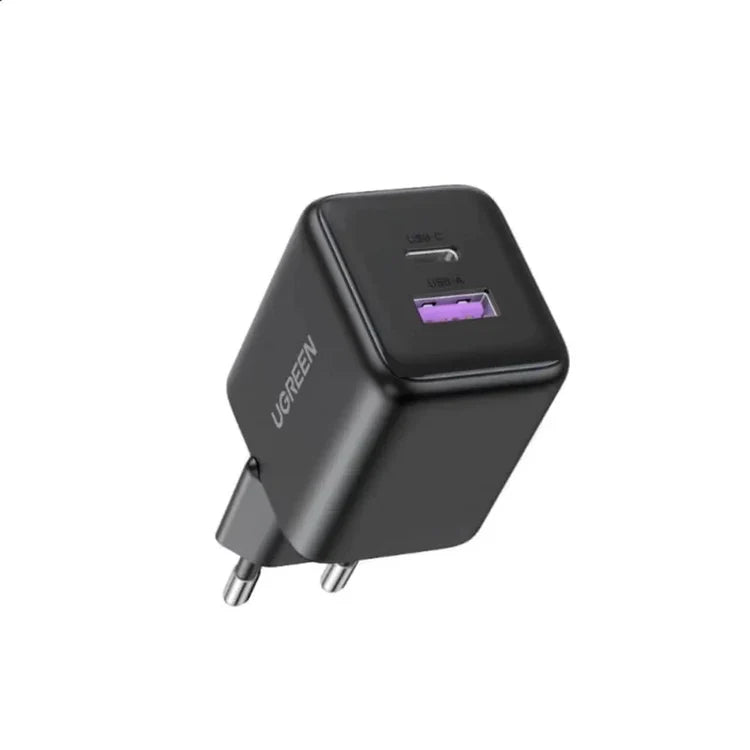 Compact black UGREEN GaN wall charger showing USB-C and USB-A dual ports with EU plug