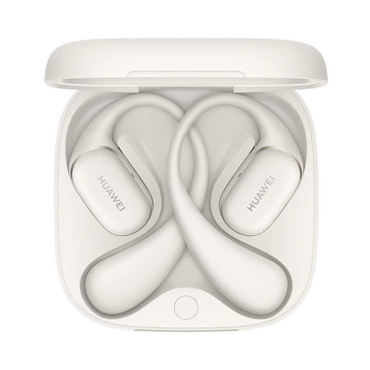 Top-down view of open grey Huawei FreeArc charging case displaying the pair of open-ear earbuds neatly nestled inside against a stark black background.