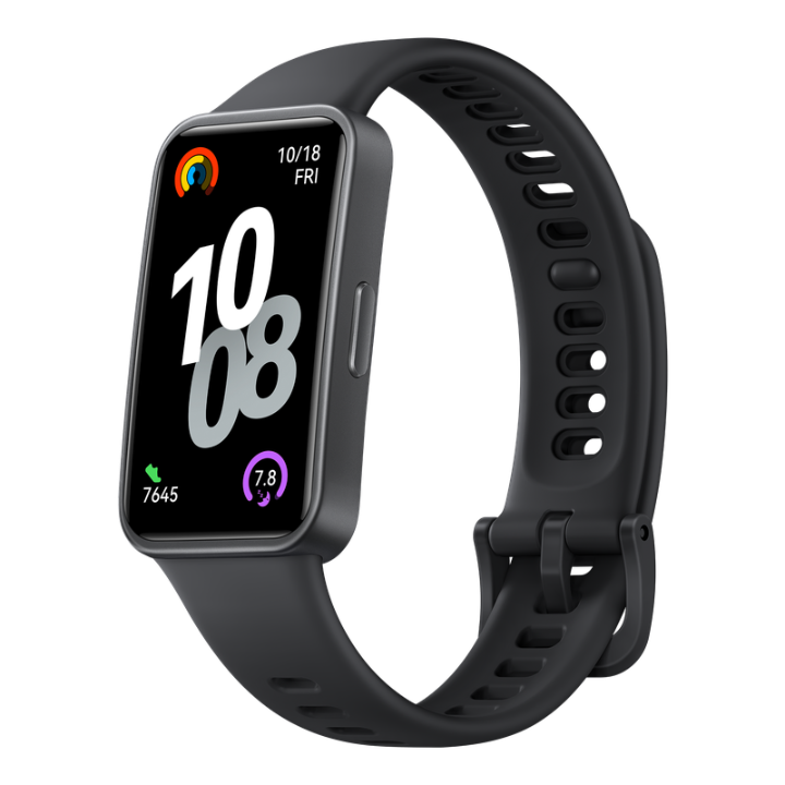 Three-quarter view of black Huawei Band 10 showcasing the sleek screen-to-body design and the detailed tactile side button.