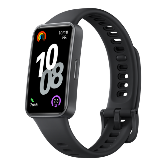 Three-quarter view of black Huawei Band 10 showcasing the sleek screen-to-body design and the detailed tactile side button.