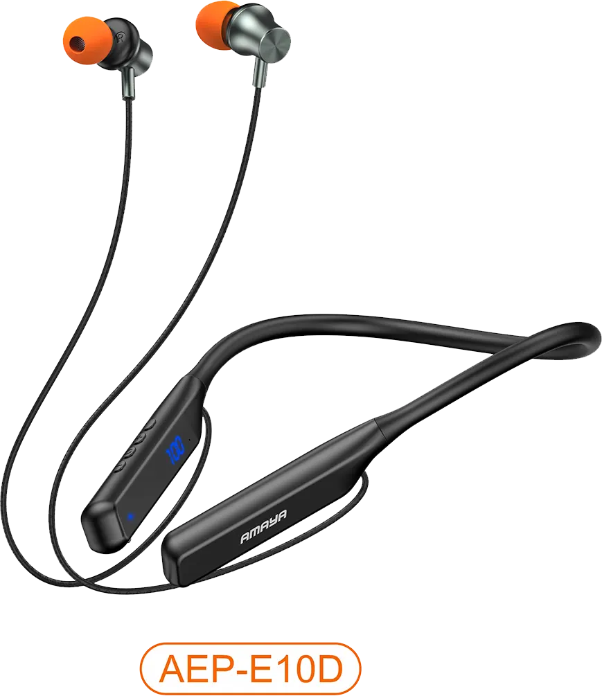 Amaya AEP-E10D black wireless Bluetooth neckband earphones with orange ear tips and digital LED battery display