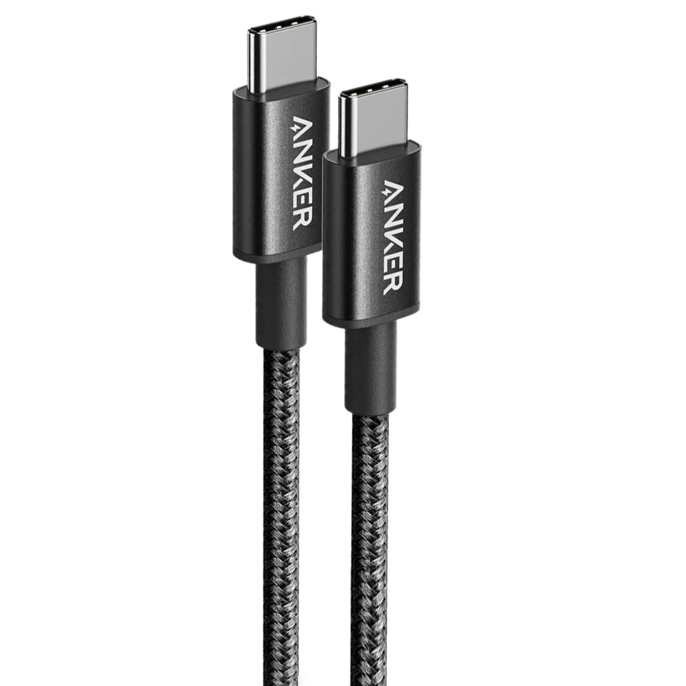 Close-up view of two black braided Anker USB-C to USB-C cable connectors showing Anker branding and reinforced stress relief