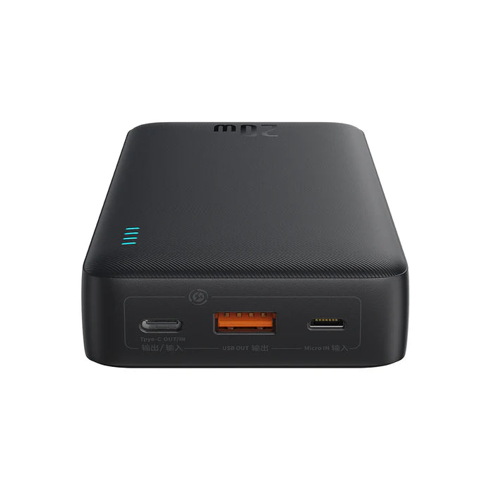 Front view of the Baseus AirPow 20000mAh 20W PD Power Bank showing USB-C, USB-A and Micro-USB ports