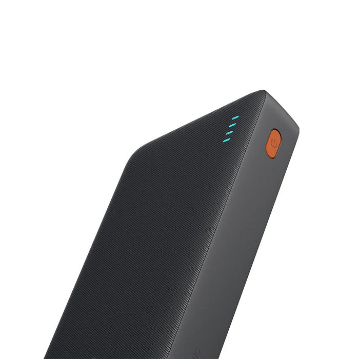 Baseus AirPow 20000mAh 20W PD Power Bank in Black showing the LED battery indicator and side power button
