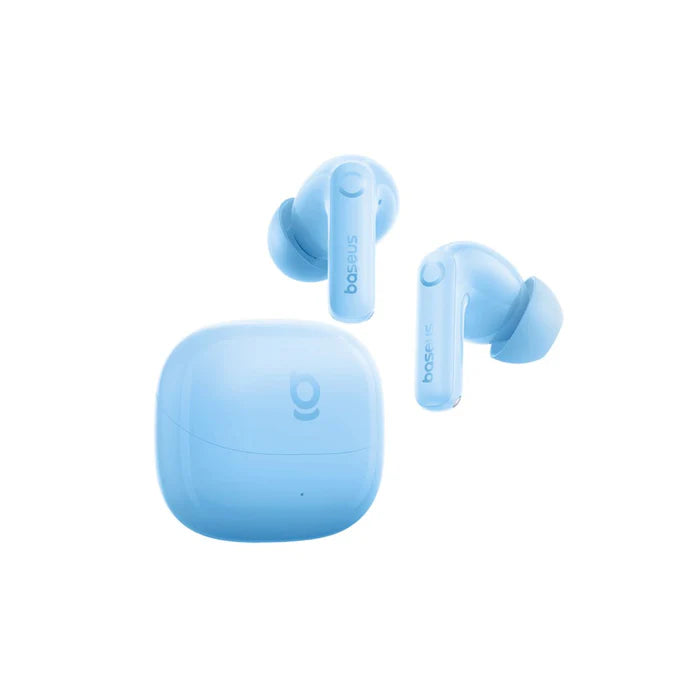 Baseus Bass BP1 Pro Blue wireless earbuds with compact charging case.