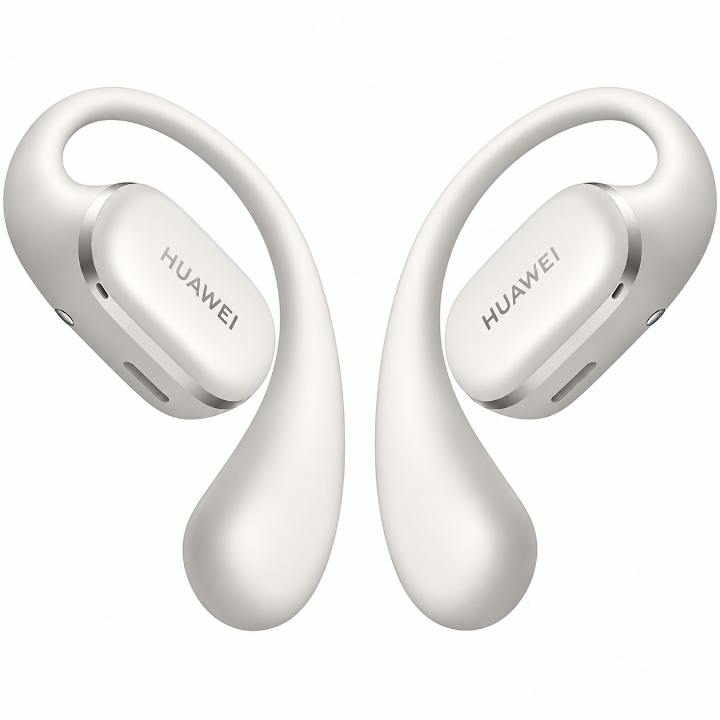 Front view of a pair of grey Huawei FreeArc open-ear wireless earbuds showing the clean minimalist exterior with the Huawei logo.