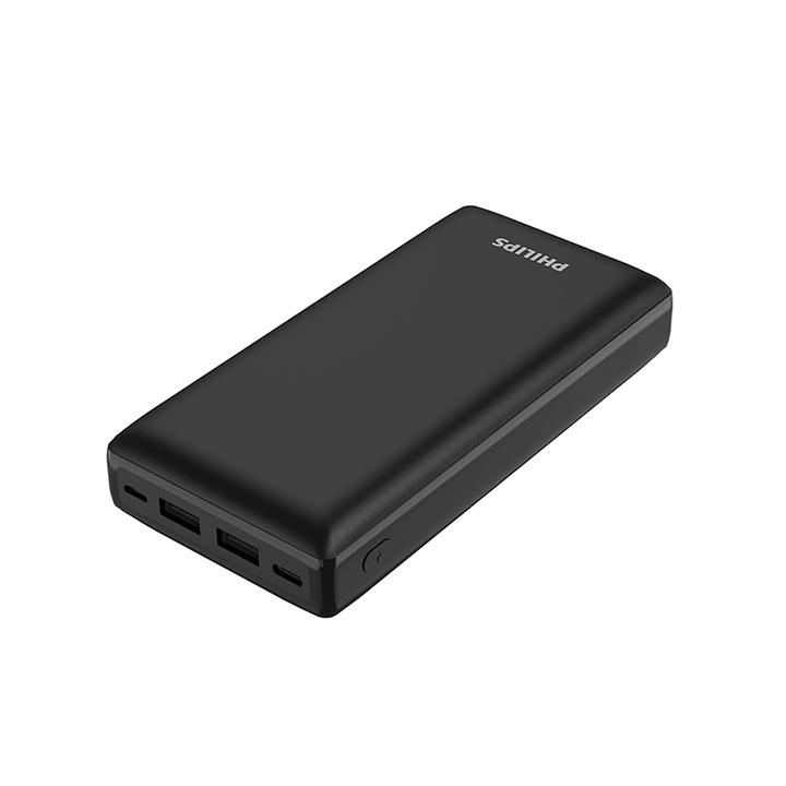 Philips DLP7721C/00 20000mAh portable power bank with 3 charging ports in Black.