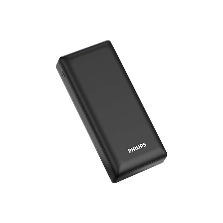 Philips 20000mAh Power Bank in Black with Dual USB-A QC 18W and USB-C PD 20W fast charging.