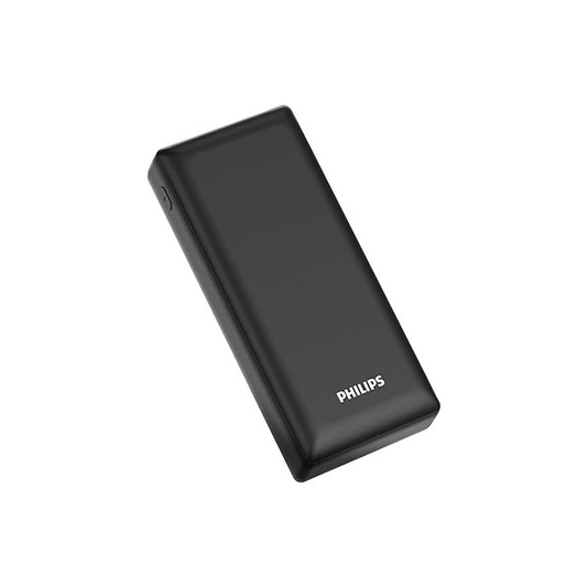 Philips 20000mAh Power Bank in Black with Dual USB-A QC 18W and USB-C PD 20W fast charging.
