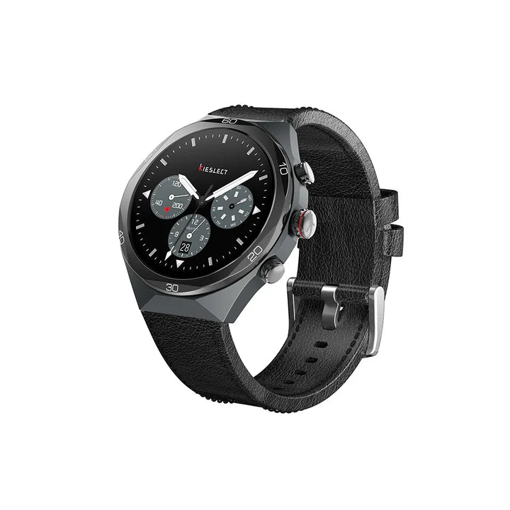 Angled shot of Kieslect Elite2 AI smartwatch in black highlighting the premium texture of its black leather strap