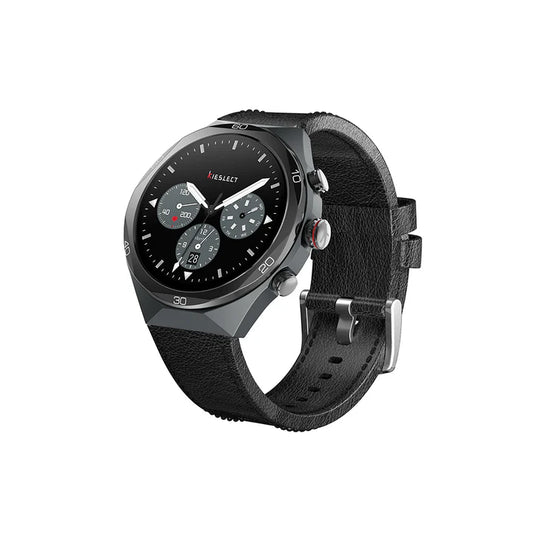Angled shot of Kieslect Elite2 AI smartwatch in black highlighting the premium texture of its black leather strap