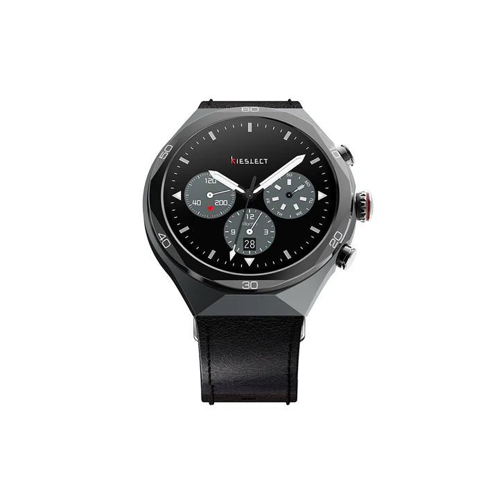 Front view of the Kieslect Elite2 AI smartwatch with a classic digital chronograph face and elegant leather strap