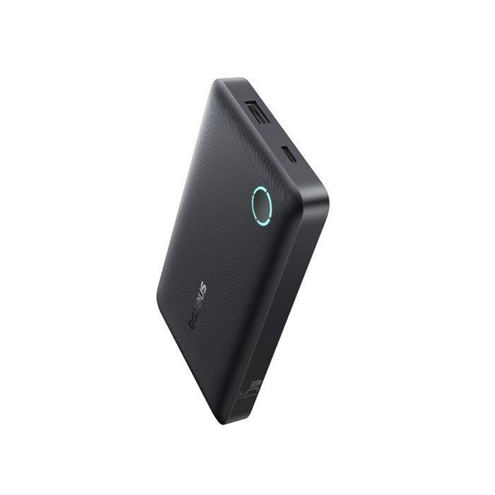 Side perspective of Baseus EnerFill FP11 showing USB-A and USB-C inputs with glowing power ring