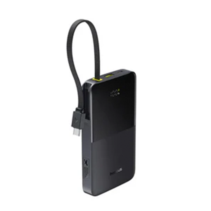 Side view of the Baseus Bipow2 Pro power bank showing the built-in USB-C cable neatly stored and plugged into its side slot.