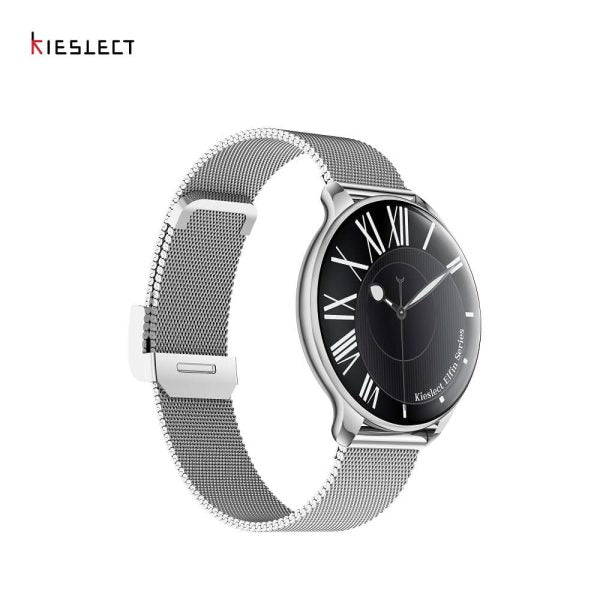 Angled side view of the silver Kieslect Elfin women's smartwatch, focusing on the sleek texture of the stainless steel mesh strap and the circular watch face.