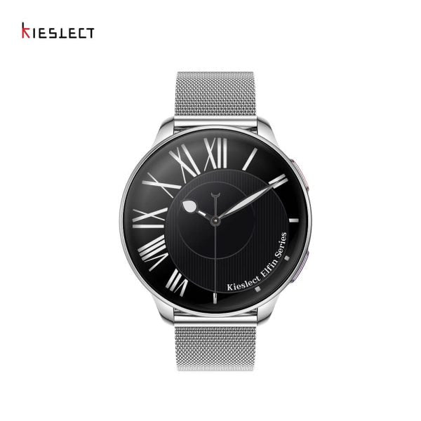 Front view of the silver Kieslect Elfin women's smartwatch with a metal mesh strap, showcasing the round black display and classic Roman numeral design.
