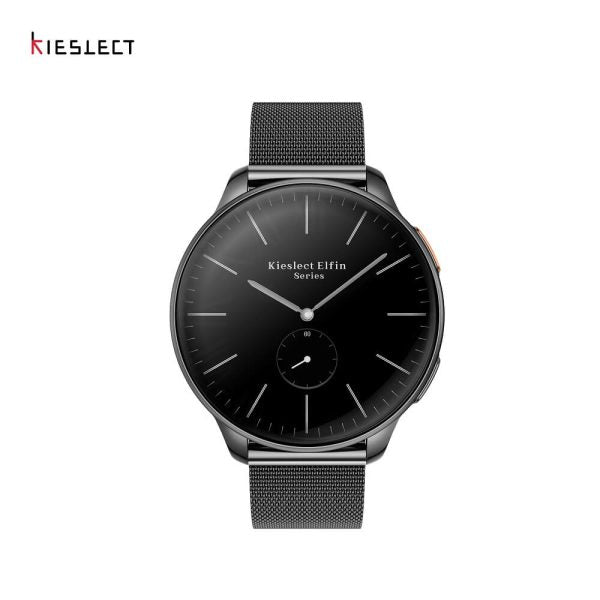 Front view of the black Kieslect Elfin women's smartwatch on a dark metal mesh strap, highlighting the round black minimalist watch face with white tick marks.