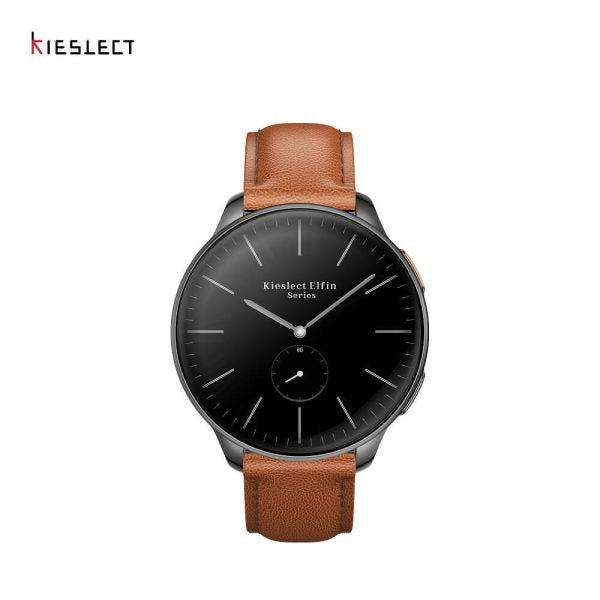 Front display view of the black Kieslect Elfin women's smartwatch paired with the interchangeable brown leather strap, accentuating its versatile design.