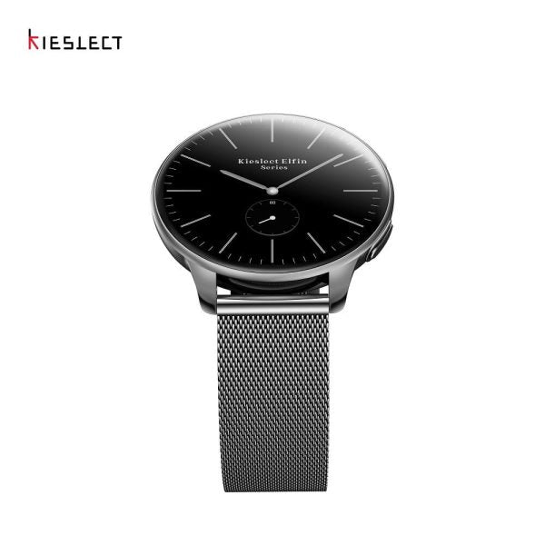 Top-down front shot of the black Kieslect Elfin women's smartwatch, focusing on the texture of its dark steel mesh strap and the circular dial profile.