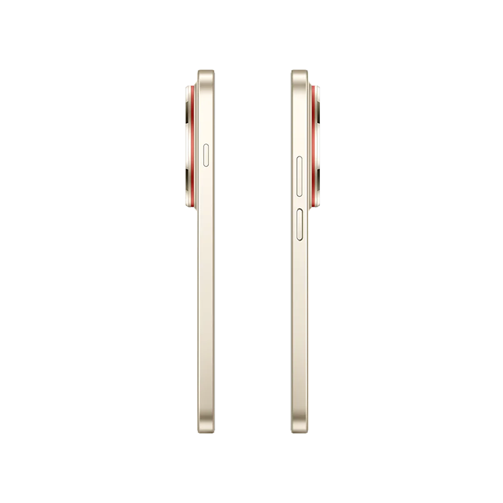 Side profile views of the HUAWEI nova 15 Max in Blush Gold, showing the slim 7.98 mm design, volume rocker, power button, and the raised circular rear camera module accented with a distinct red ring.