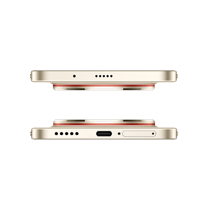 Top and bottom edge views of the HUAWEI nova 15 Max, highlighting the speaker grilles, microphone ports, USB Type-C charging port, SIM card tray slot, and the profile of the circular rear camera module.