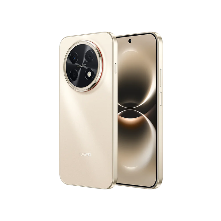 Perspective view of the HUAWEI nova 15 Max in Blush Gold, showing the curved 6.84-inch front display with a punch-hole camera alongside the matte gold back panel featuring a large circular triple-lens camera island.
